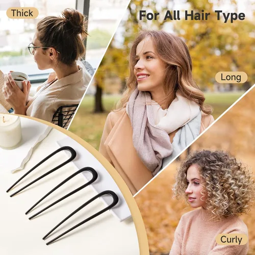 Vista 6 de 3 horquillas francesas para mujer, horquillas de metal para moños, rizos franceses y recogidos, accesorios para el cabello grueso y fino, color negro