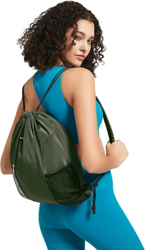 Vista 6 de WANDF Mochila con cordón y almohadilla para el hombro, mochila deportiva para gimnasio con bolsillo de malla para mujeres y hombres, Verde oscuro