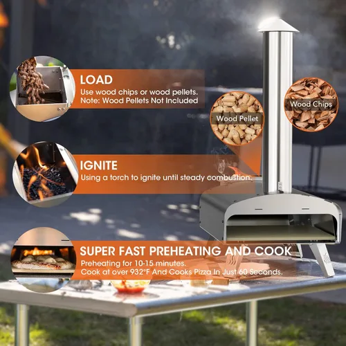 Vista 8 de Mimiuo Horno de pizza de pellets de madera para exteriores de 12 pulgadas, estufa de pizza de acero inoxidable resistente de 34.8 libras, pizza