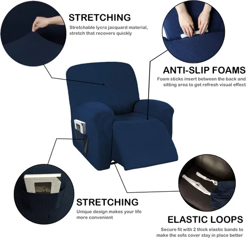 Vista 2 de Funda elástica de jacquard para sillón reclinable, 1 pieza, mezcla de poliéster, fundas protectoras para muebles con bolsillo lateral, lavable a