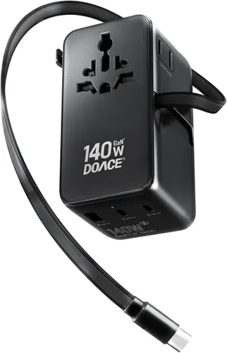 Vista 10 de DOACE - Adaptador de viaje universal GaN de 100 W con cable USB-C 6-in-1 Design, USB-C PD Fast Charging, European Plug Adapter Works in 200+