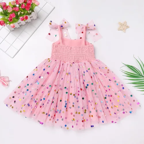 Vista 2 de Vestido tutú para niña, sin mangas, fruncido, vestido de verano con lentejuelas brillantes, lunares, estrellas, princesa, vestido de tul
