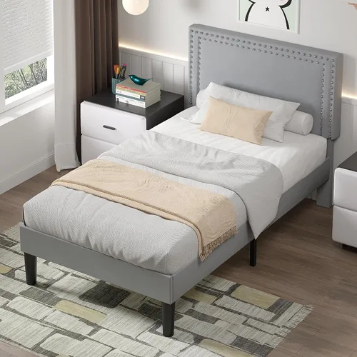 Vista 41 de VECELO Base de cama de plataforma de tamaño individual con cabecera tapizada de altura ajustable, base de colchón moderna, soporte de listones