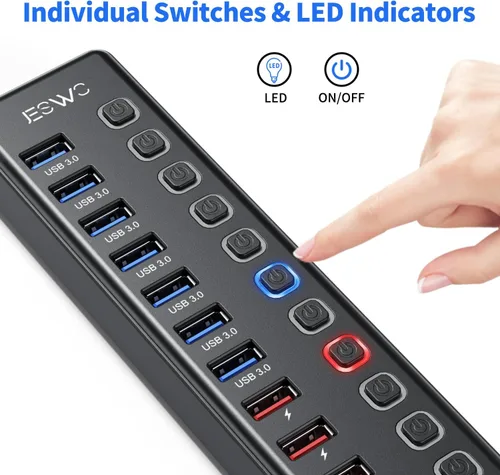 Vista 3 de Hub USB alimentado, concentrador USB 3.0 de 11 puertos JESWO (7 puertos de transferencia de datos + 4 puertos de carga inteligente)