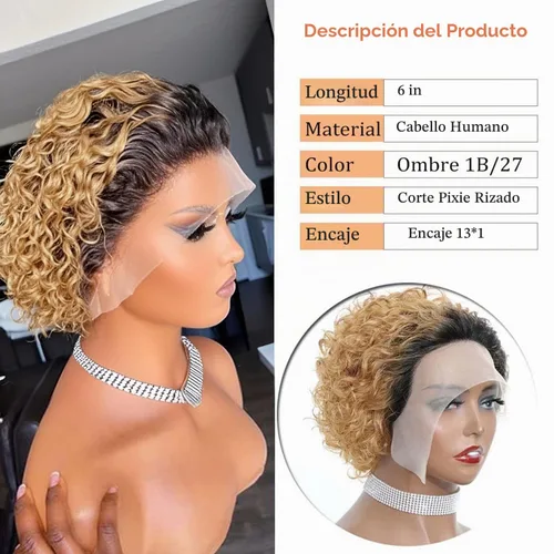 Vista 2 de INSTASTYLE Pelucas rubias degradadas con encaje frontal de 6 pulgadas, cabello humano de 13 x 1, corte Pixie, pelucas cortas rizadas de encaje HD