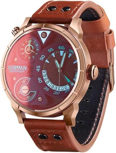 Vista 2 de SURVAN WatchDesigner Watch for Men Quartz Movement Analog Chronograph Mens Watches Genuine Leather Strap Waterproof Luminous Pointer Red Magic Glass