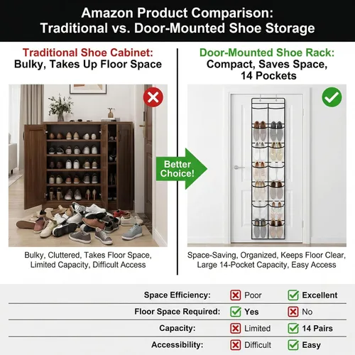 Vista 3 de Organizador de zapatos sobre la puerta con 14 bolsillos grandes de malla, almacenamiento colgante que ahorra espacio para zapatos y accesorios, Negro