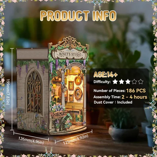 Vista 3 de Monet's Studio Book Rook Kit con luz LED y cubierta antipolvo, kit de casa en miniatura de bricolaje, rompecabezas de madera 3D, kit de construcción