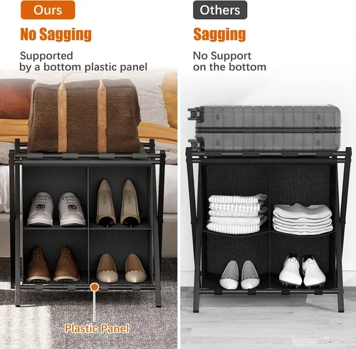 Vista 6 de Huhote Portaequipajes para habitación de invitados, soporte plegable para maleta con estante de almacenamiento de tela, soporte para equipaje