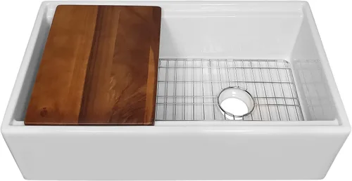 Vista 15 de Whitehaus Reversible Single Bowl Fireclay Sink Set with Smooth Front Apron, Walnut Wood Cutting Board and Stainless Steel Grid (Dark Gray, 27" x 19")