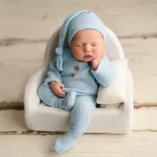 Vista 2 de Traje de fotografía para recién nacido, traje de bebé niño y niña, sesión de fotos de ganchillo, ropa de ganchillo, sombrero, pantalones, accesorio