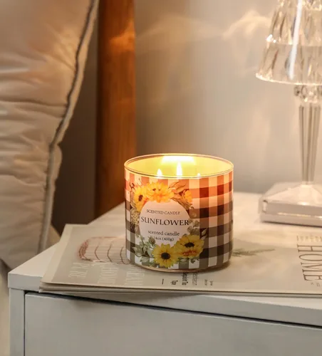 Vista 2 de Vela de girasol, velas perfumadas de girasol de verano, regalo para mujeres, vela grande de 3 mechas, 14 onzas