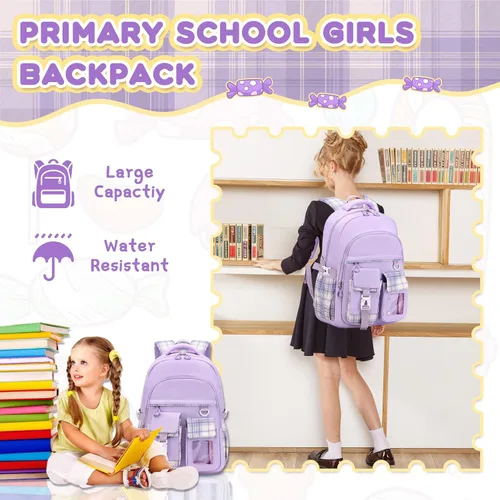 Vista 6 de PIG PIG GIRL Mochila para niñas, mochila ligera para niños, mochila escolar kawaii para escuela primaria, Púrpura, Mochilas Daypack