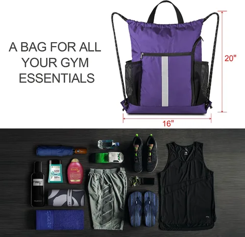Vista 3 de Mochila con cordón BeeGreen, estilo deportivo, bolsa de gimnasio para mujeres y hombres, tamaño grande con dos bolsillos con cremallera y bolsillos