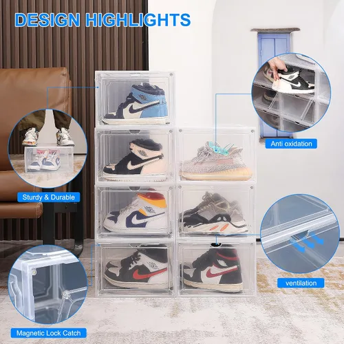 Vista 3 de HIYOHIYO Cajas de zapatos apilables de plástico transparente tamaño 14, contenedores magnéticos para zapatos, caja de almacenamiento plegable