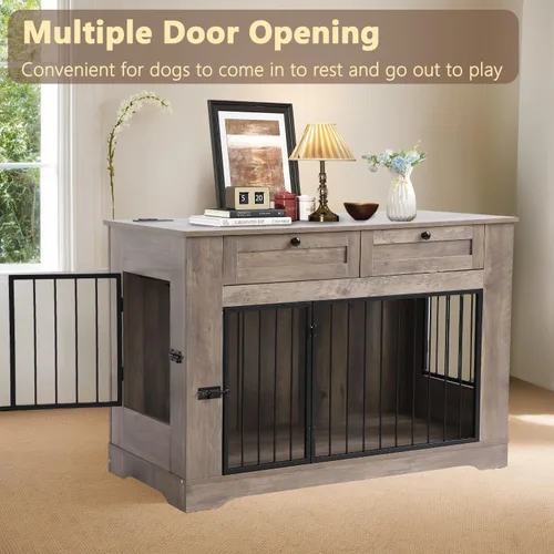 Vista 4 de Muebles de Jaula Grande para Perros - Jaula Decorativa Resistente para Perros de Interiores, Mesa Auxiliar de Jaula de Perro de Madera con Estación