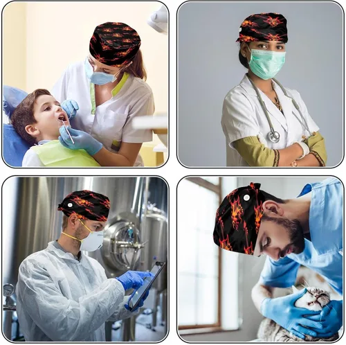Vista 4 de 2 gorras de trabajo ajustables con botón, guitarra musical, flores coloridas, banda quirúrgica