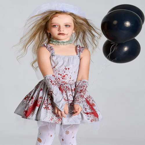 Vista 3 de HUYMHTER Disfraz de novia fantasma para niñas, vampiro, zombi, novia, cosplay, tutú para niños, vestido gótico sangriento para Halloween, cosplay