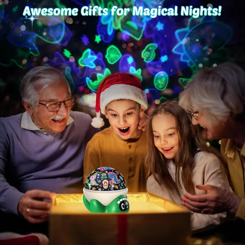 Vista 7 de Proyector de luz nocturna de dinosaurio para niños, juguetes verdes de dinosaurio para niños, luces de estrella con música y temporizador, lámpara