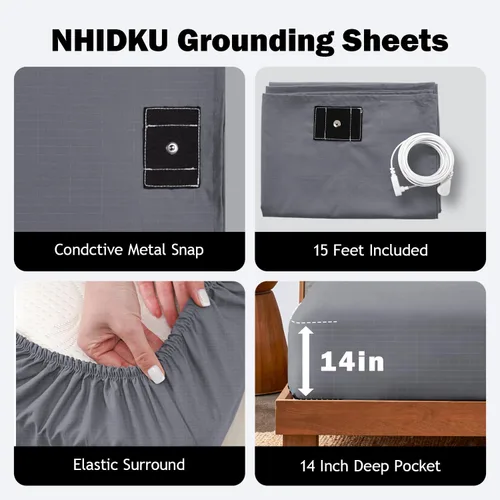 Vista 6 de Grounding Sheets - Sábana bajera ajustable de bolsillo profundo, 90% algodón, 10% fibra plateada, sábanas conectadas a tierra