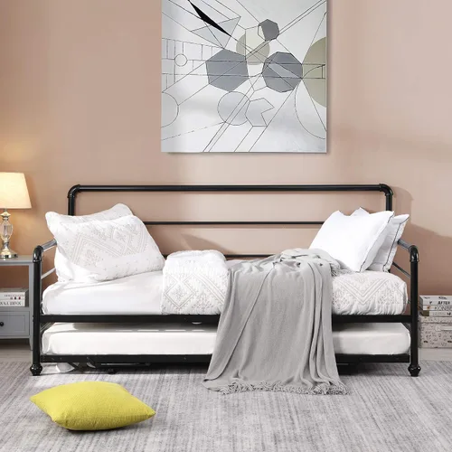 Vista 4 de Sofá cama doble de metal con nido desplegable ajustable, marco de acero resistente, soporte de listones de metal, sin necesidad de somier, cama