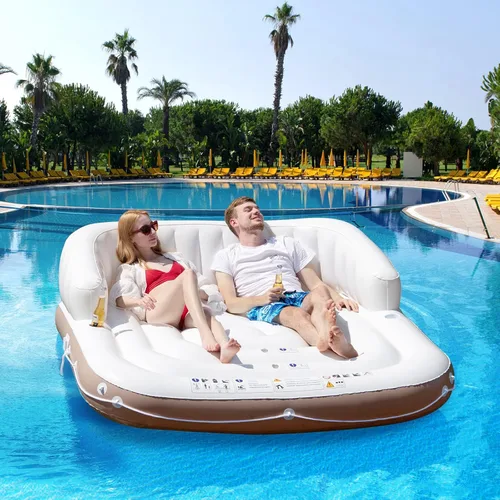 Vista 9 de Goplus Isla de toldo inflable, flotador de piscina de bronceado de 73 pulgadas con toldo retráctil y extraíble, SPF50+, 3 almohadas cómodas, carga