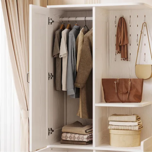 Vista 5 de LIKIMIO Armario Armoire - Armario de madera de 70 pulgadas de alto con espejo, 2 gabinetes, tablero de clavijas y estante abierto, armario grande