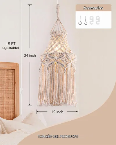Vista 4 de Lámpara colgante bohemia enchufable con pantalla de macramé, lámpara colgante con cable de enchufe, interruptor de encendido/apagado, lámparas
