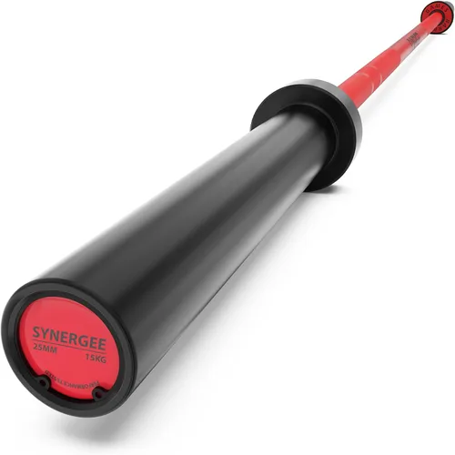 Vista 8 de Synergee Games Barras olímpicas recubiertas de cerámica de 15 kg y 20 kg en color. Estimadas en 1500 libras para levantamiento de pesas y potencia.