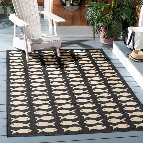 Vista 23 de SAFAVIEH Alfombra lavable para exteriores, colección Patio de 2.3 x 6.7 pies, color negro y beige, no desprende pelusa y fácil limpieza, ideal