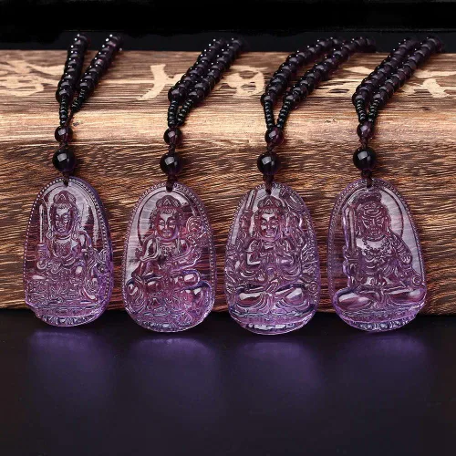 Vista 3 de Elhpbwhty Colgante de amatista natural con signo del zodiaco de la piedra de nacimiento Bodhisattva Amuleto talismán con cadena de cuentas