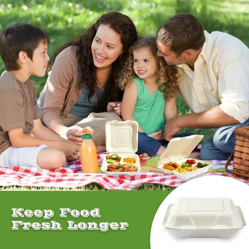 Vista 7 de Vplus Paquete de 300 Recipientes compostables para llevar con diseño de concha, de 20,3 x 20,3 cm, desechables y ecológicos, con 3 compartimentos