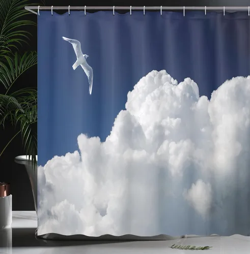 Vista 3 de Ambesonne Cortina de ducha de gaviotas, cielo nublado y gaviota voladora, imagen de meteorología de paisaje nublado, juego de decoración de baño