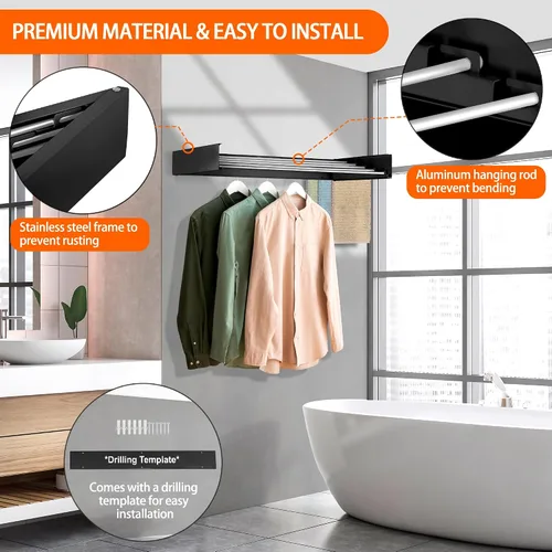 Vista 4 de FOCHIER F Tendedero de Ropa de Pared Tendedero de Secado Plegable con 5 Varillas de Aluminio y Plantilla de Perforación Broca de Destornillador Negro