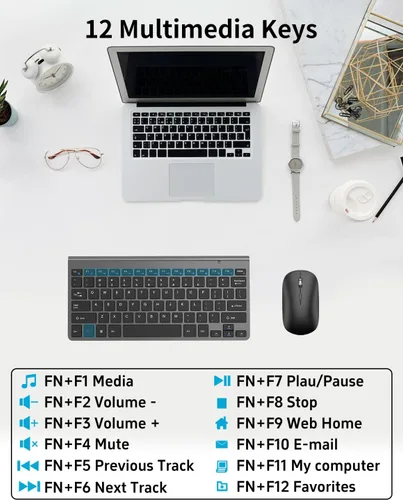 Vista 6 de Combo compacto de teclado y mouse inalámbricos, mini teclado de viaje portátil y mouse silencioso con receptor USB, clic silencioso, tamaño pequeño