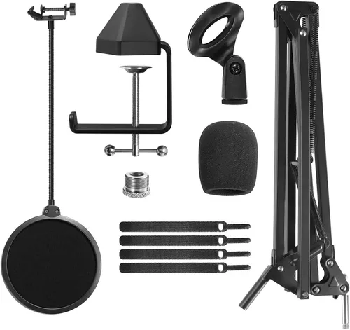 Vista 9 de TONOR Soporte de brazo para micrófono, soporte de micrófono de tijera de suspensión ajustable con filtro pop, adaptador de 3/8 a 5/8 pulgadas