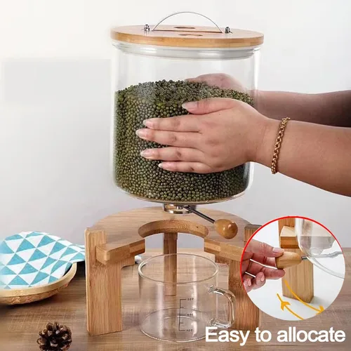 Vista 2 de Dispensador de arroz de vidrio de 5 L, dispensador de cereales, dispensador de granos/recipiente de almacenamiento de alimentos para organización