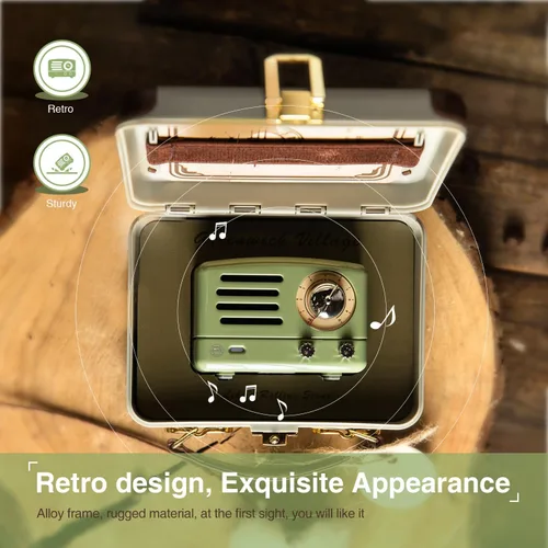 Vista 5 de Muzen Altavoz Bluetooth portátil, pequeño altavoz inalámbrico vintage de metal OTR, radio FM retro con antena AUX, audio estéreo de alta fidelidad