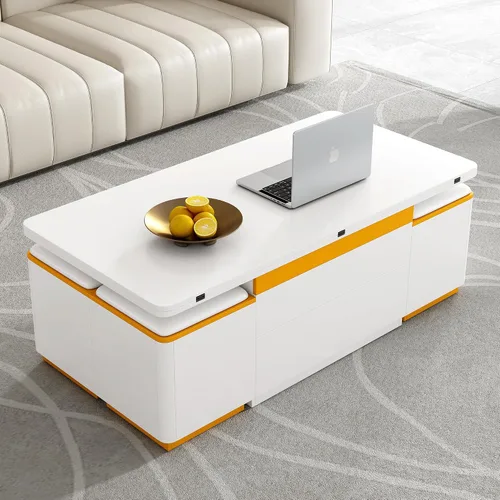 Vista 4 de Mesa auxiliar elevable con 4 taburetes de almacenamiento, moderna mesa central de ahorro de espacio con parte superior plegable, mesa de centro
