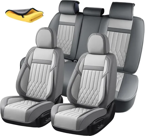 Vista 13 de Juego completo de fundas de asiento de automóvil de cuero napa impermeables y transpirables de 2 plazas, aptas para asientos delanteros de beige