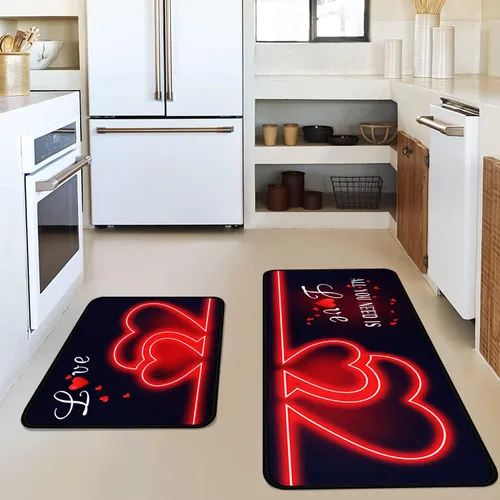 Vista 5 de Juego de 2 alfombras y tapetes de cocina, para el día de San Valentín, decoración de corazón rojo, antideslizantes, parte trasera de goma