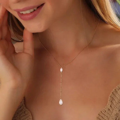 Vista 2 de Collares de perlas para mujer, chapado en oro real de 14 quilates, delicado collar de perlas para mujer, collar de cadena de perlas hecho a mano