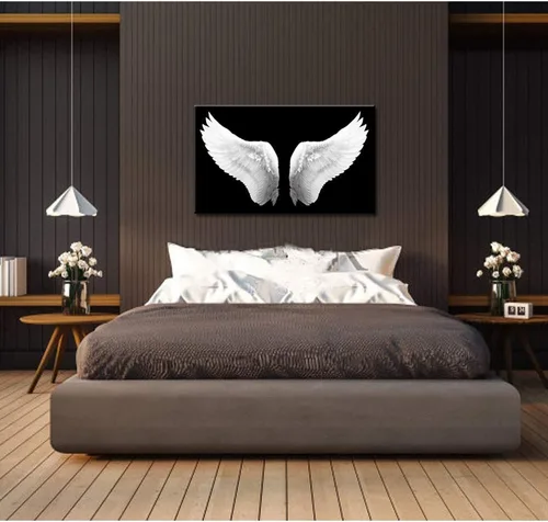 Vista 4 de iKNOW FOTO Lienzo grande en blanco y negro con alas de ángel, arte de pared, pintura contemporánea para sala de estar, obra enmarcada para paredes