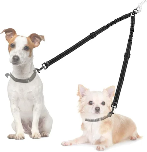 Vista 16 de Correa doble para perros, sin enredos, rotación giratoria de 360°, reflectante, con extensión de bungee, divisor para dos perros, cómoda