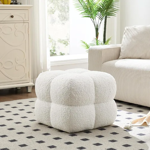 Vista 10 de Taburete otomano cuadrado, mesa de centro otomana Boucle con cobertura completa, taburete de tocador moderno, puf tapizado con reposapiés para Beige
