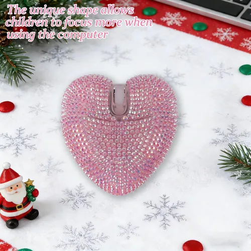 Vista 6 de Ratón inalámbrico Bluetooth con forma de corazón rosa, modo doble, recargable, silencioso, portátil, con diamante brillante y luz LED, para PC