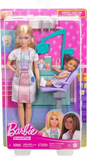 Vista 6 de Barbie Dentista con muñeca de moda rubia con vestido azul y bata de laboratorio, 1 muñeca infantil, muebles y accesorios médicos