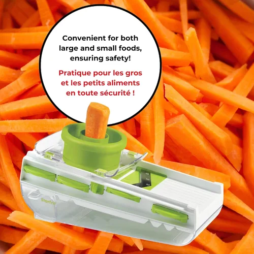 Vista 6 de Starfrit Easy Mandoline Slicer, Dicer - 5 cuchillas - Cuchillas rectas y arrugadas, Julienne, rallador y triturador - Empujador de autoalimentación