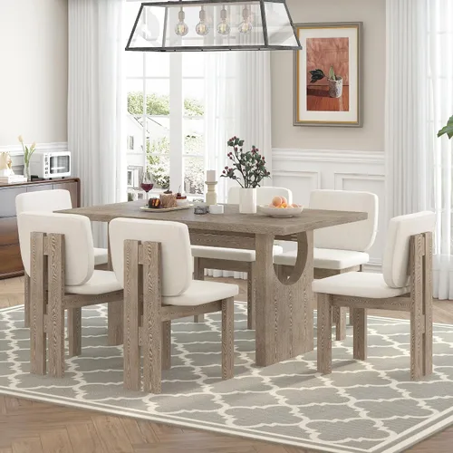 Vista 12 de JIVOIT Farmhouse - Juego de mesa de comedor de 6 piezas, juego de cocina de madera con caballete rectangular y 4 sillas tapizadas y banco para Gris
