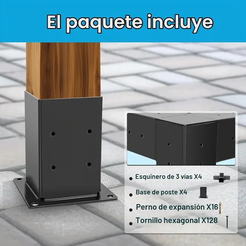 Vista 5 de Juego de 4 soportes para pérgola de 3 vías y bases de postes